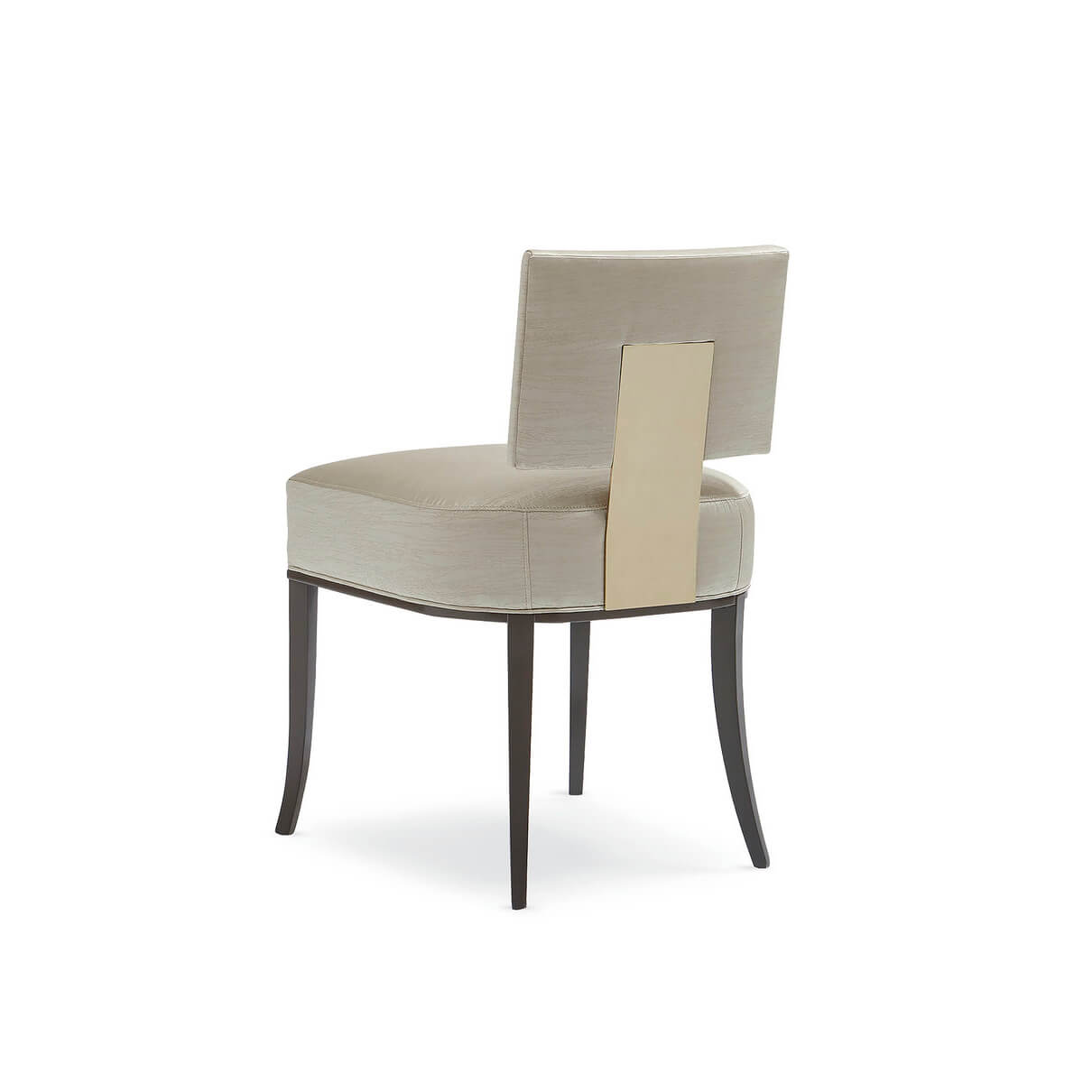 Beige mid-century dining chair, back angled view.