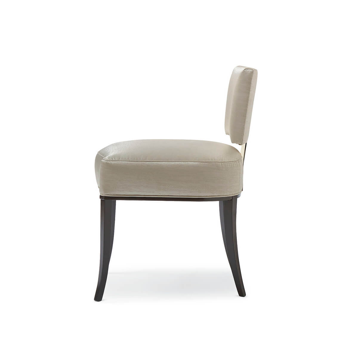 Beige mid-century dining chair, side profile view.