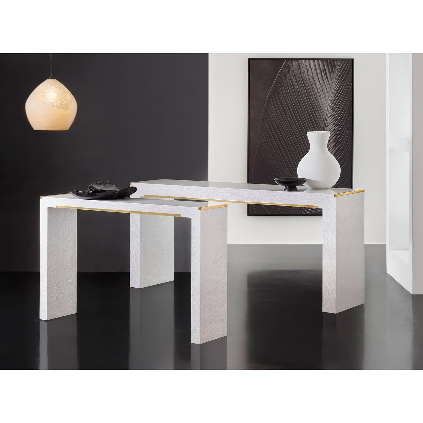 White console table in stylish living room setting.