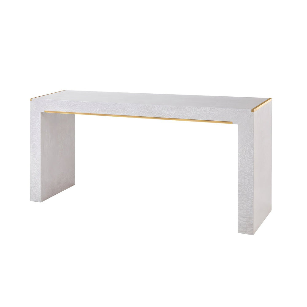 White console table, sleek modern design with gold accents.