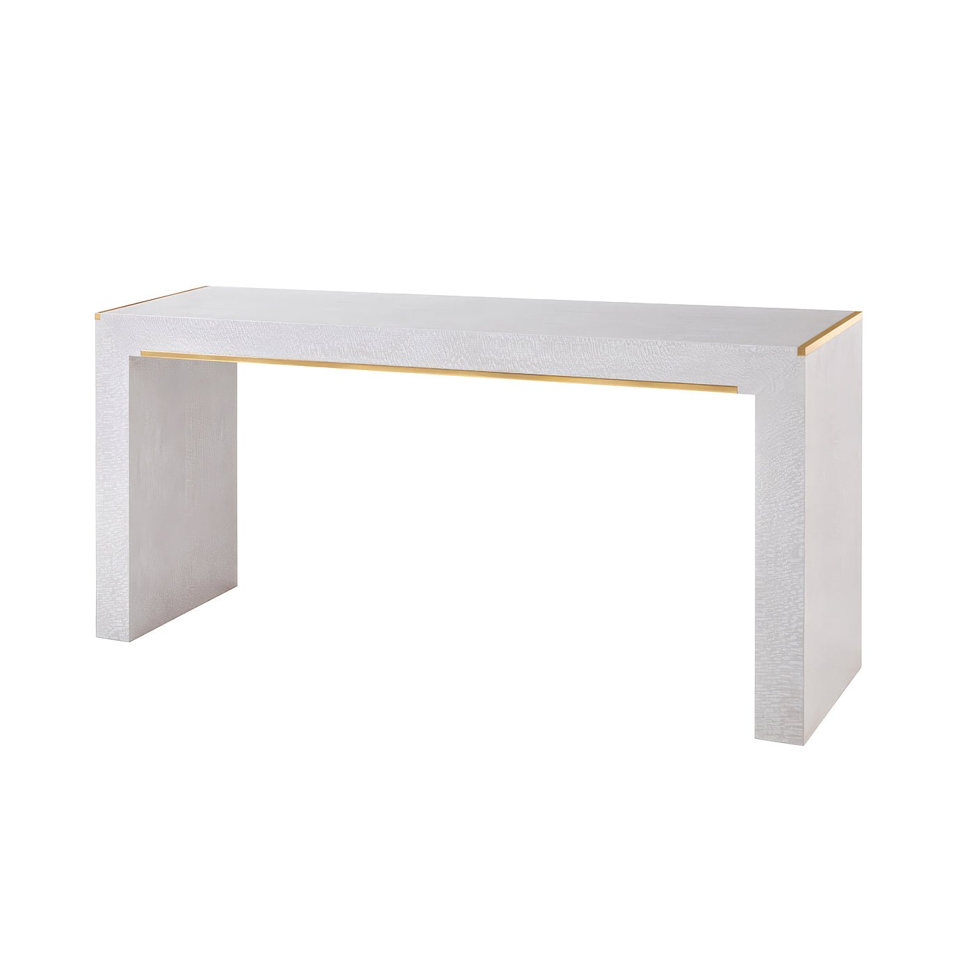 White console table, sleek modern design with gold accents.