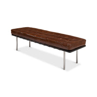 Left side view, brown leather bench with sleek design.
