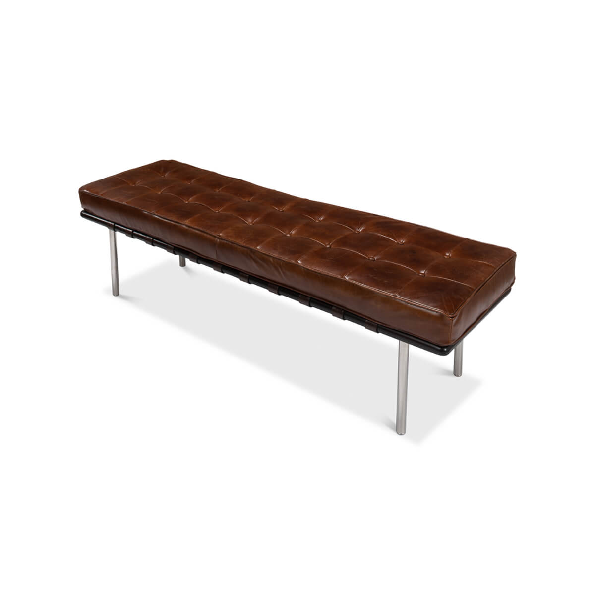 Angled view of mid century leather bench top.