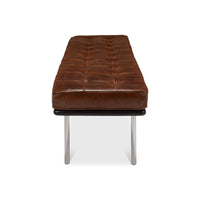 End view of brown leather bench, metal legs.