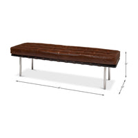 Dimensions of mid century leather bench with measurements.