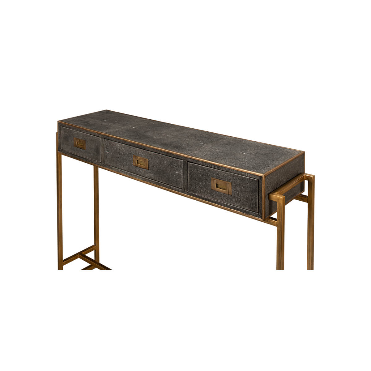 Console table, side angle with closed drawers.