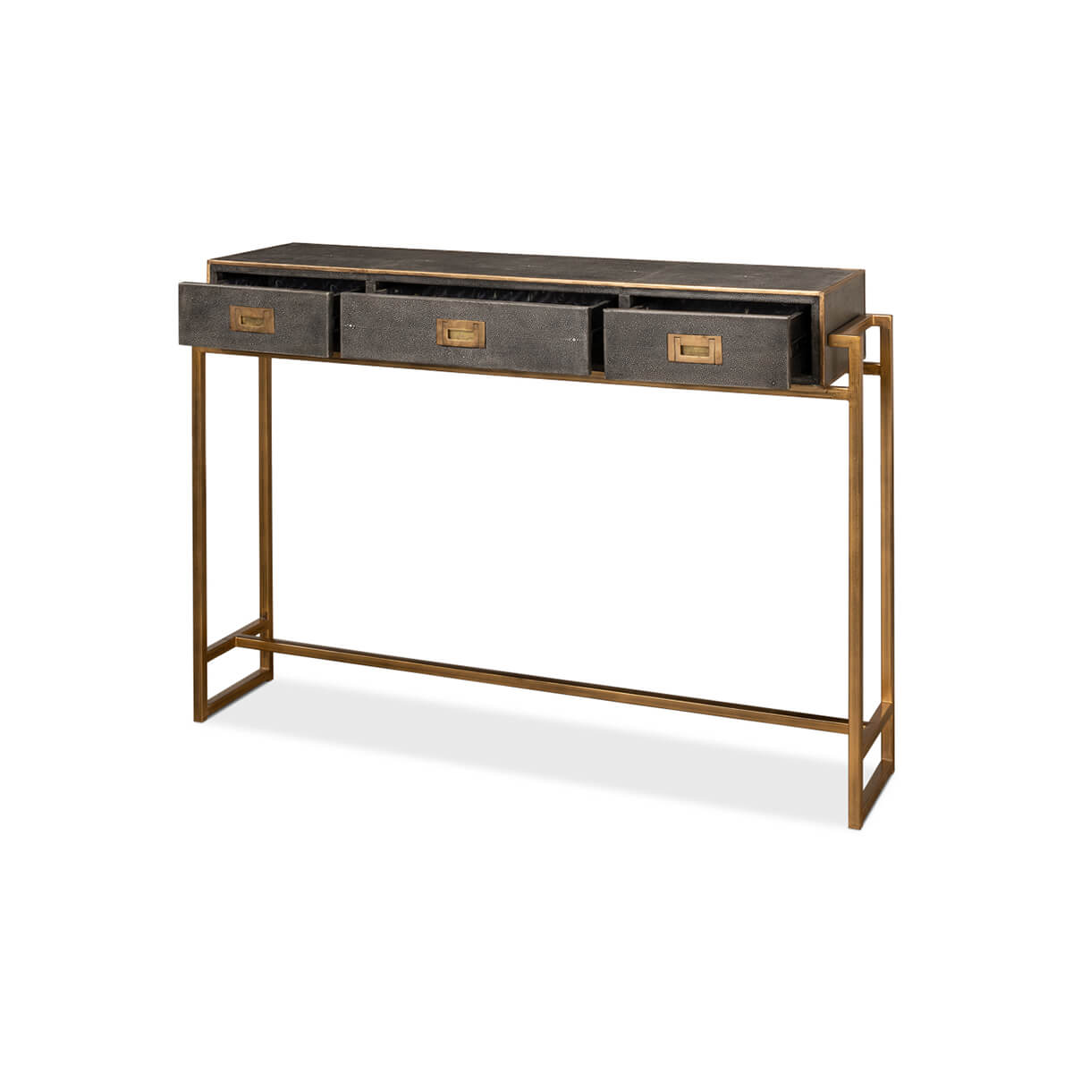 Console table, angled view with open drawers.