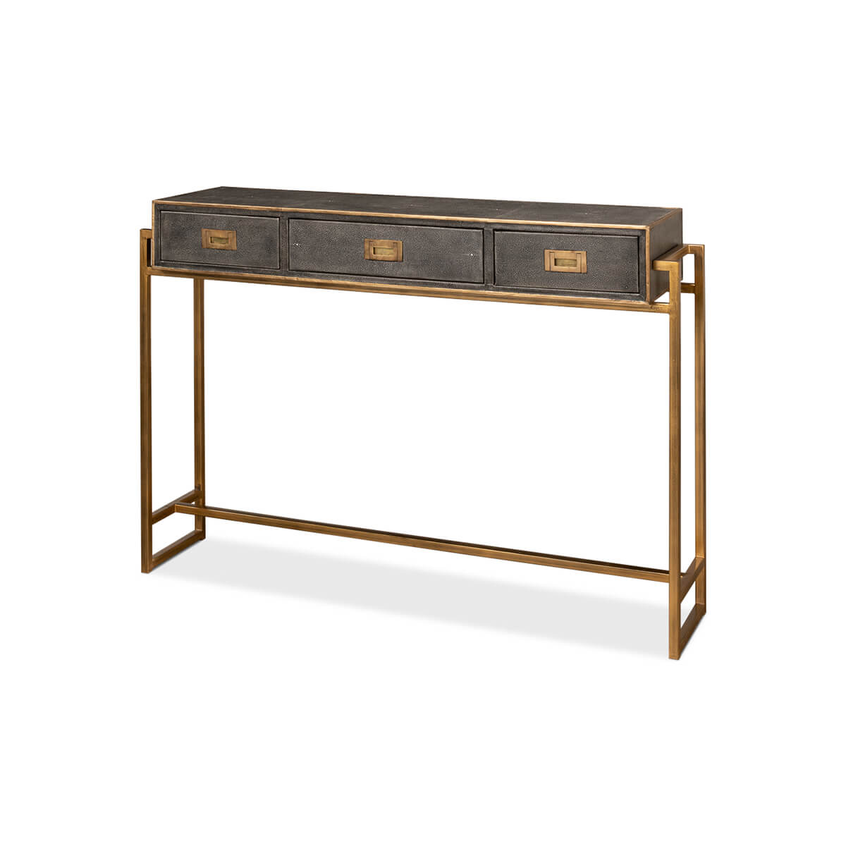 Console table, angled view with closed drawers.