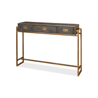 Console table, angled view with closed drawers.