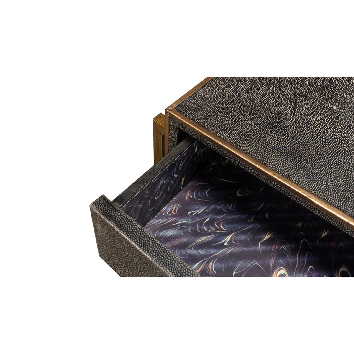 Console table drawer interior with unique lining.