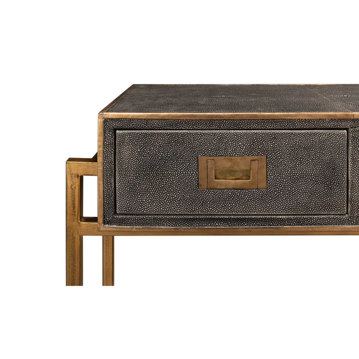 Close-up of console table side drawer detail.