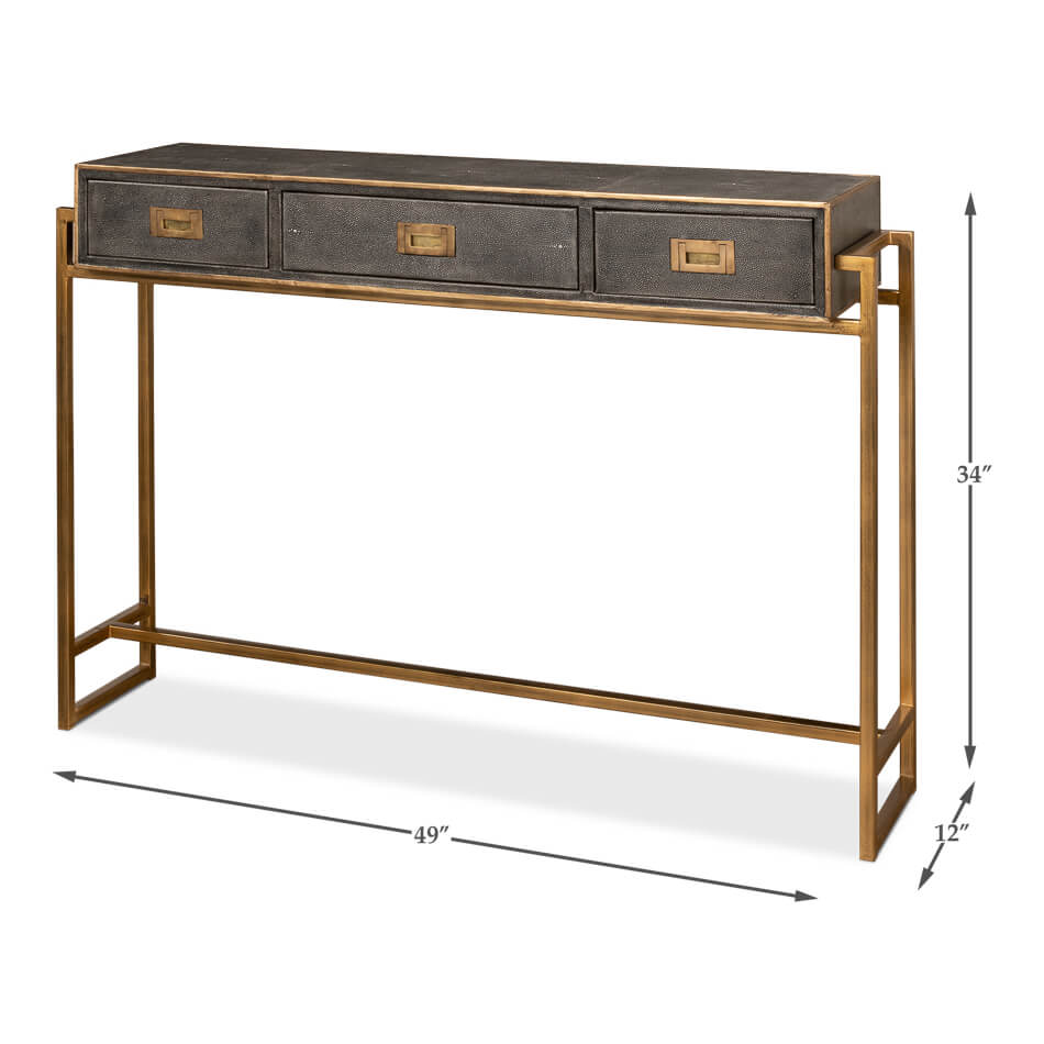 Console table with dimensions, angled view.