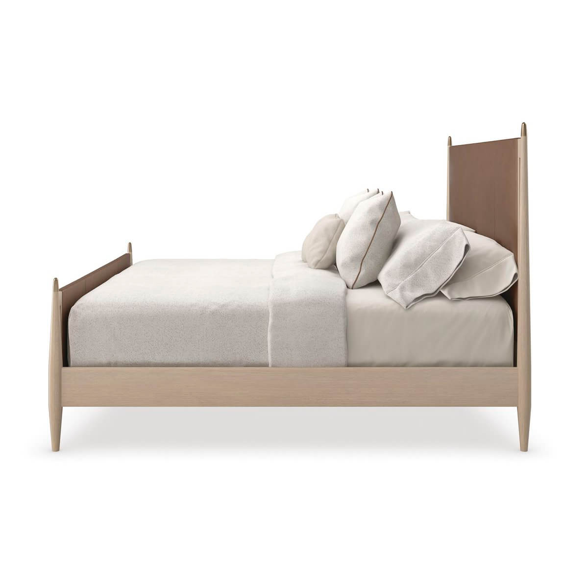 Side view of mid-century leather king bed.