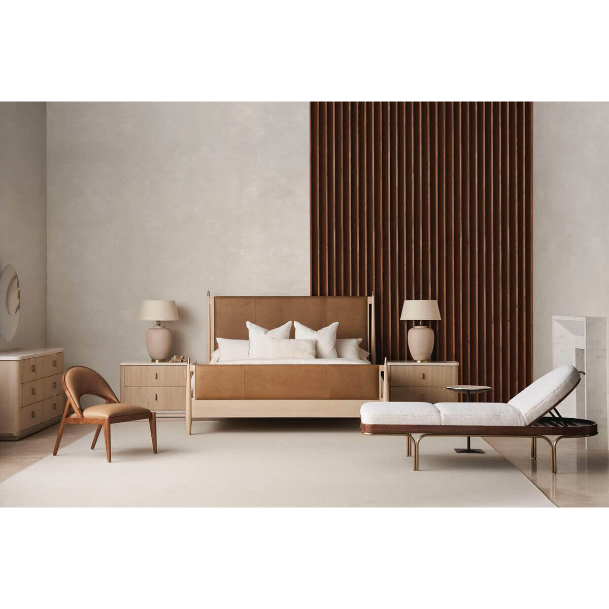 Bedroom setup with mid-century leather queen bed and furniture.