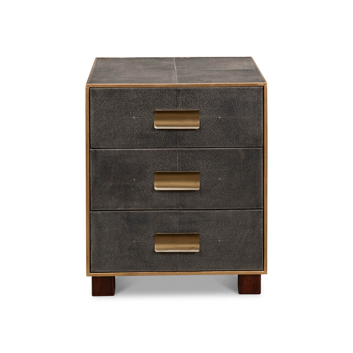 Gray side table three drawers brass handles front