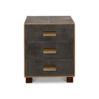Gray side table three drawers brass handles front