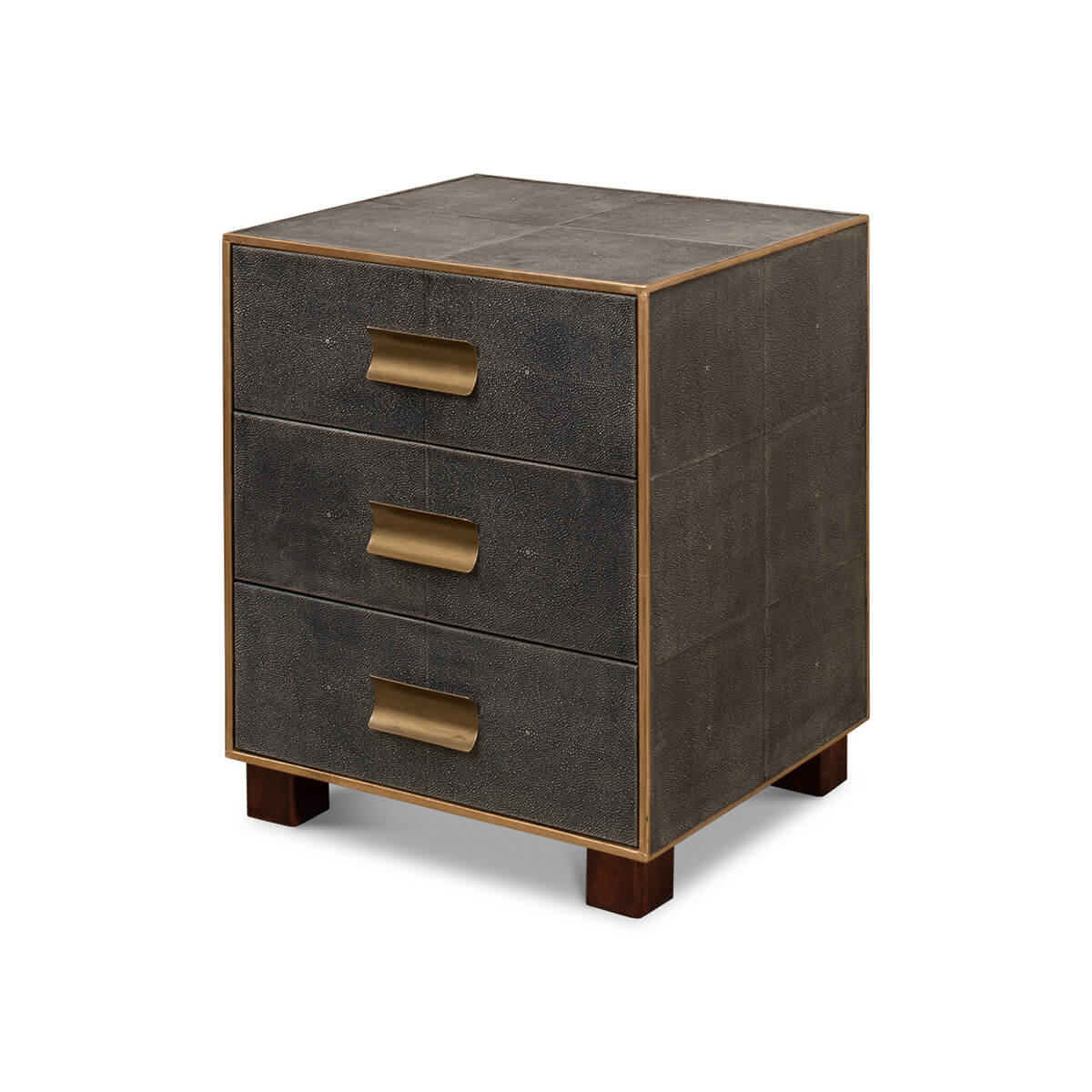 Gray leather side table with brass handles front view