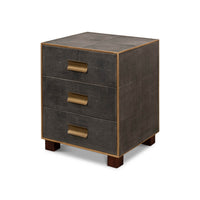 Gray leather side table with brass handles front view