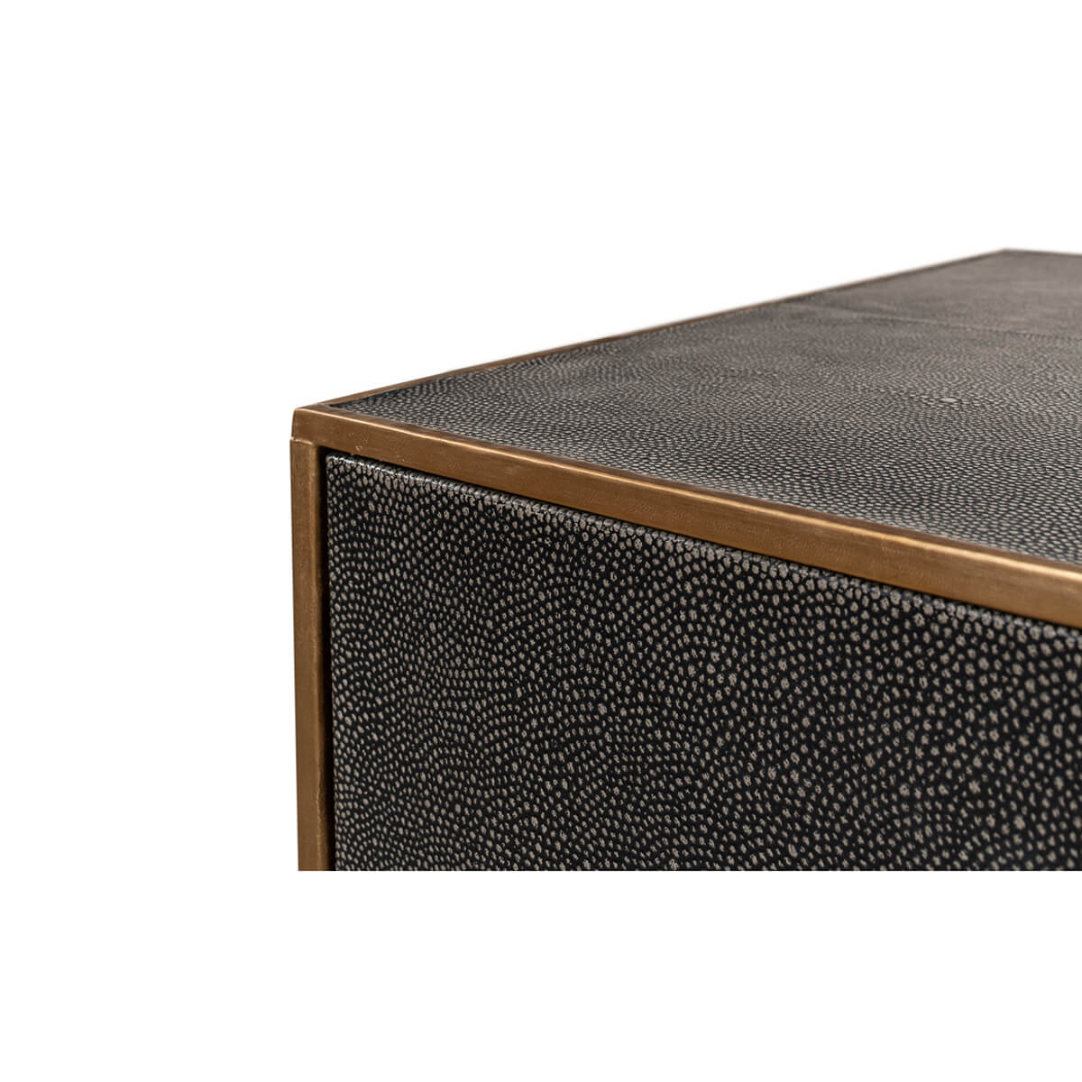 Close-up corner detail gray leather side table