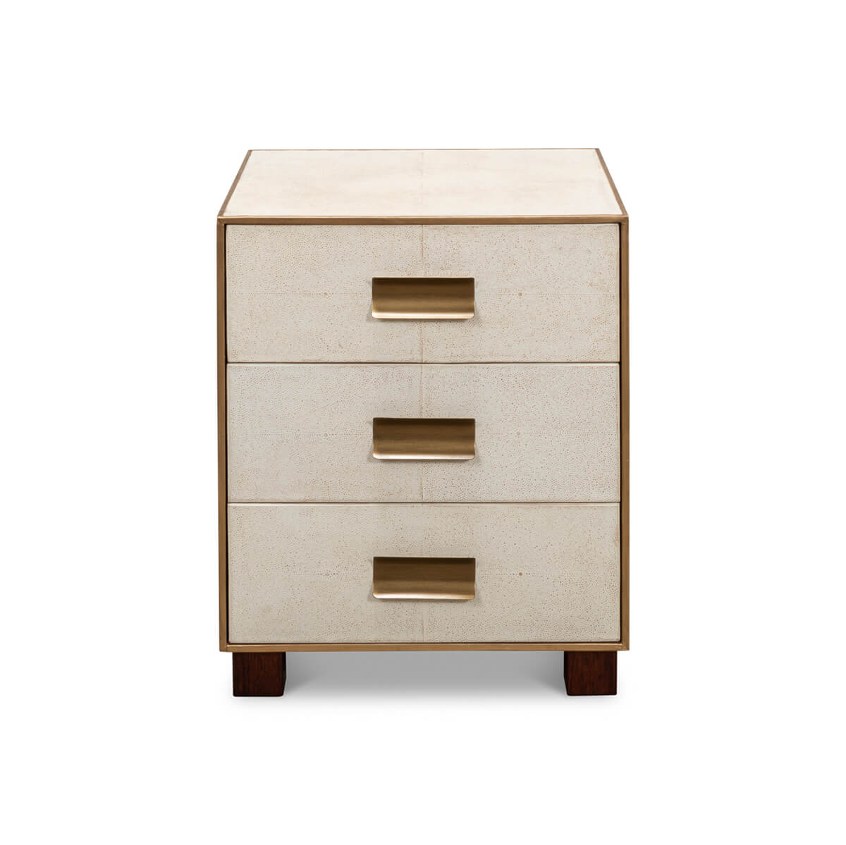 Front view of leather side table with drawers.