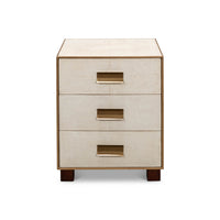 Front view of leather side table with drawers.