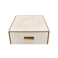 Top view of leather side table surface.