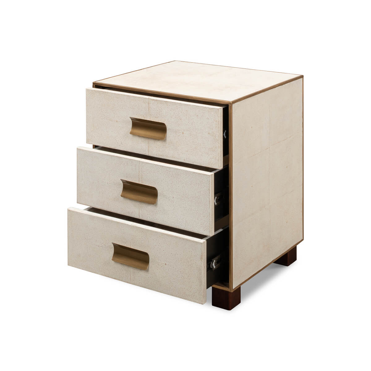 Side table, open drawers showing interior.