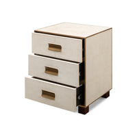 Side table, open drawers showing interior.
