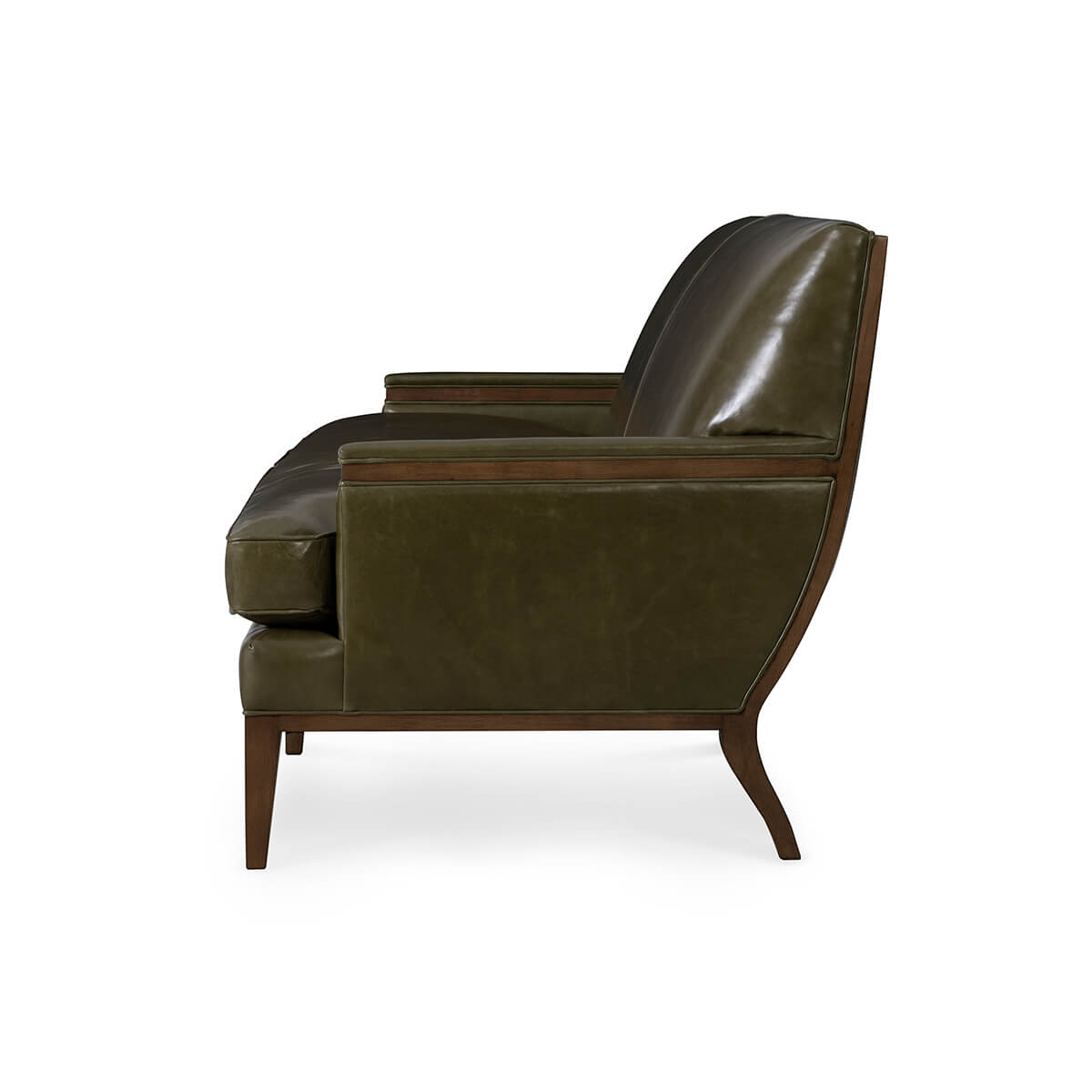 Olive green mid century leather sofa, side profile view.