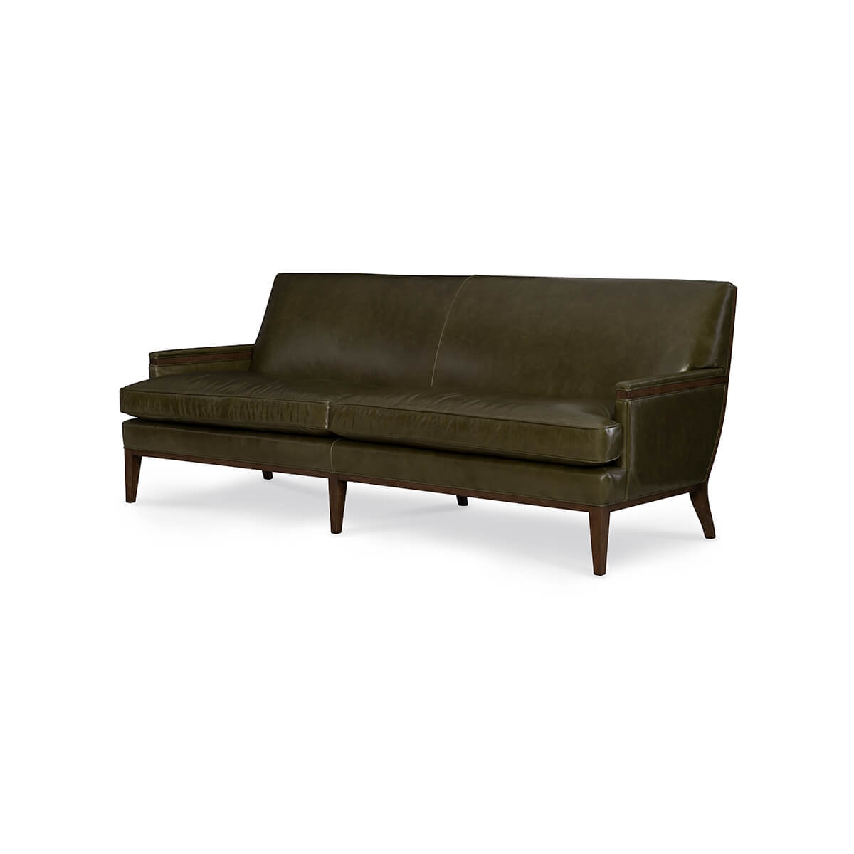 Olive green mid century leather sofa, angled front view.