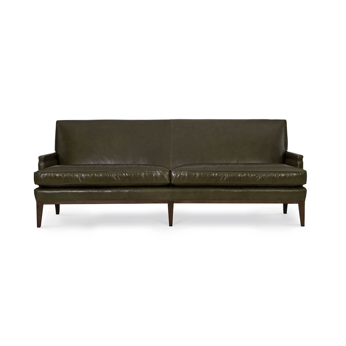 Olive green mid century leather sofa, straight front view.