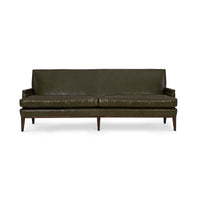 Olive green mid century leather sofa, straight front view.
