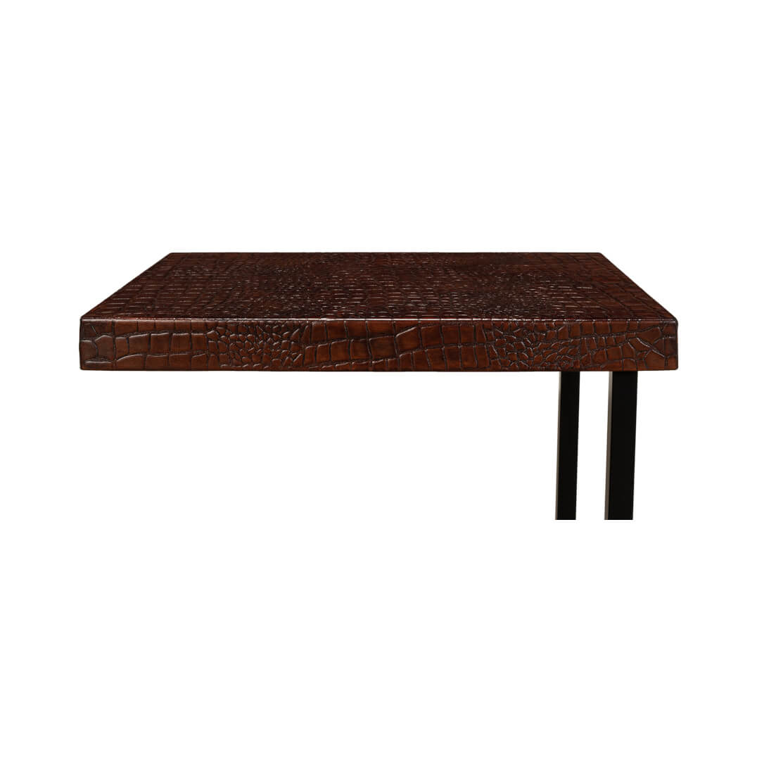 Top edge view, textured wooden accent table.