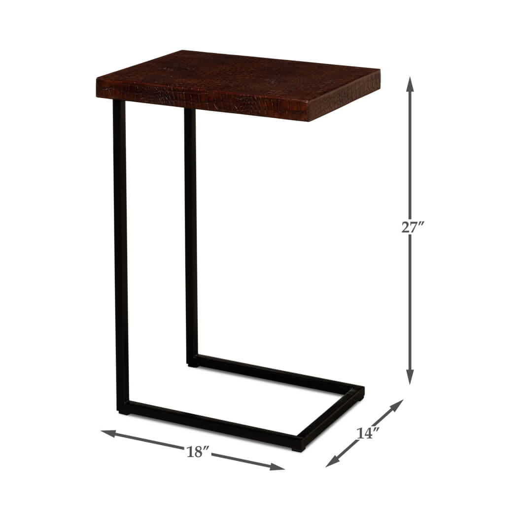 Dimensions display, mid-century leather top accent table.