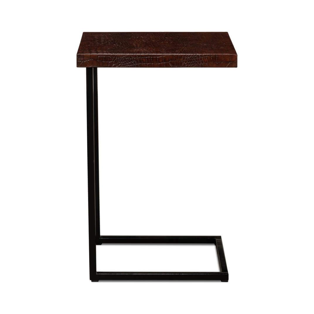 Side view, brown top accent table.
