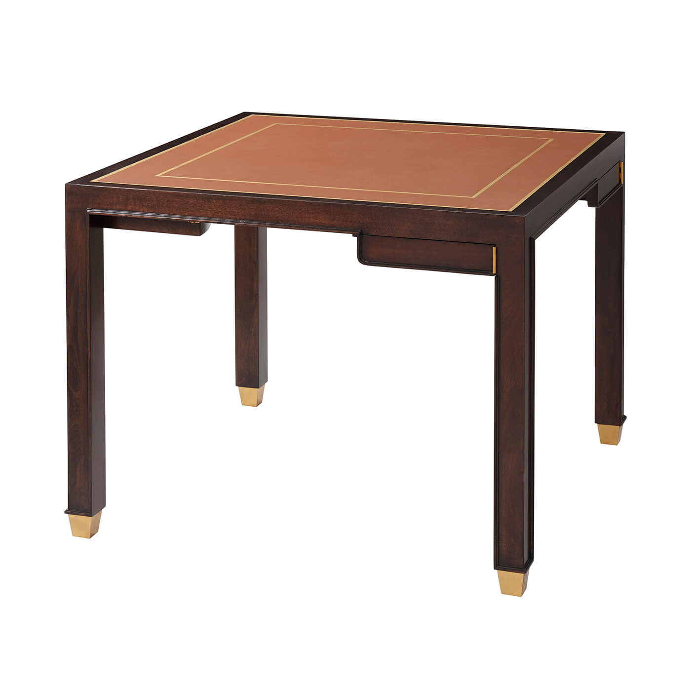 Leather top game table with dark wood finish, angled view.