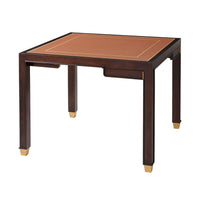 Leather top game table with dark wood finish, angled view.