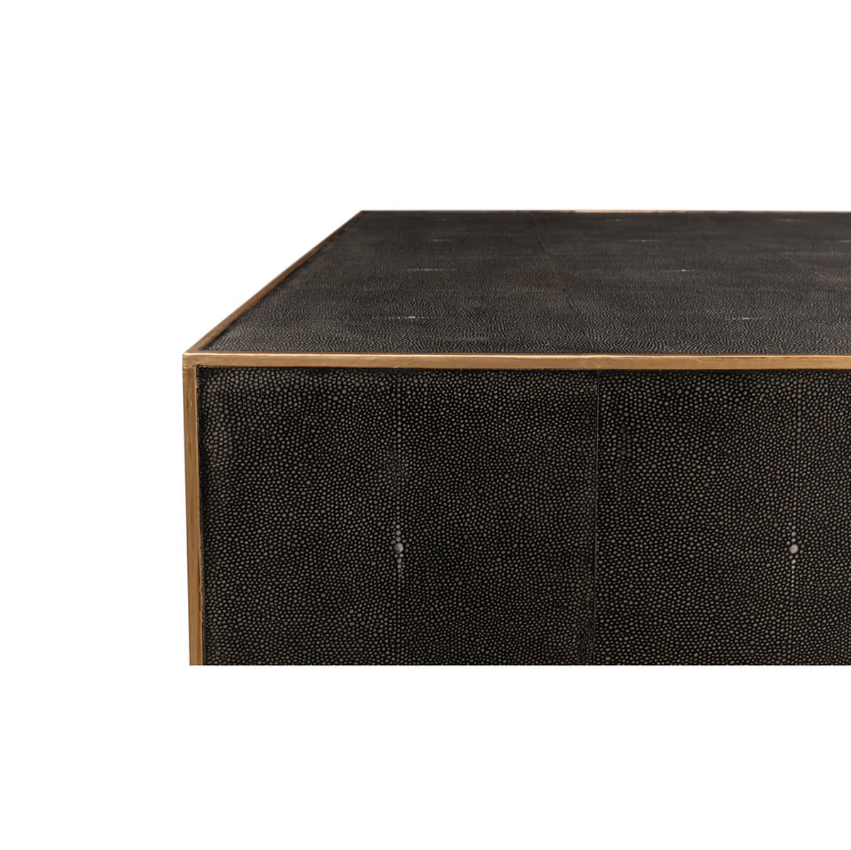 Square leather coffee table, side edge detail.