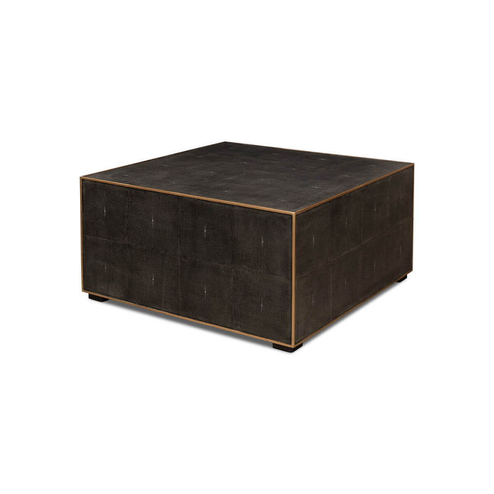 Square leather coffee table, angled front view.