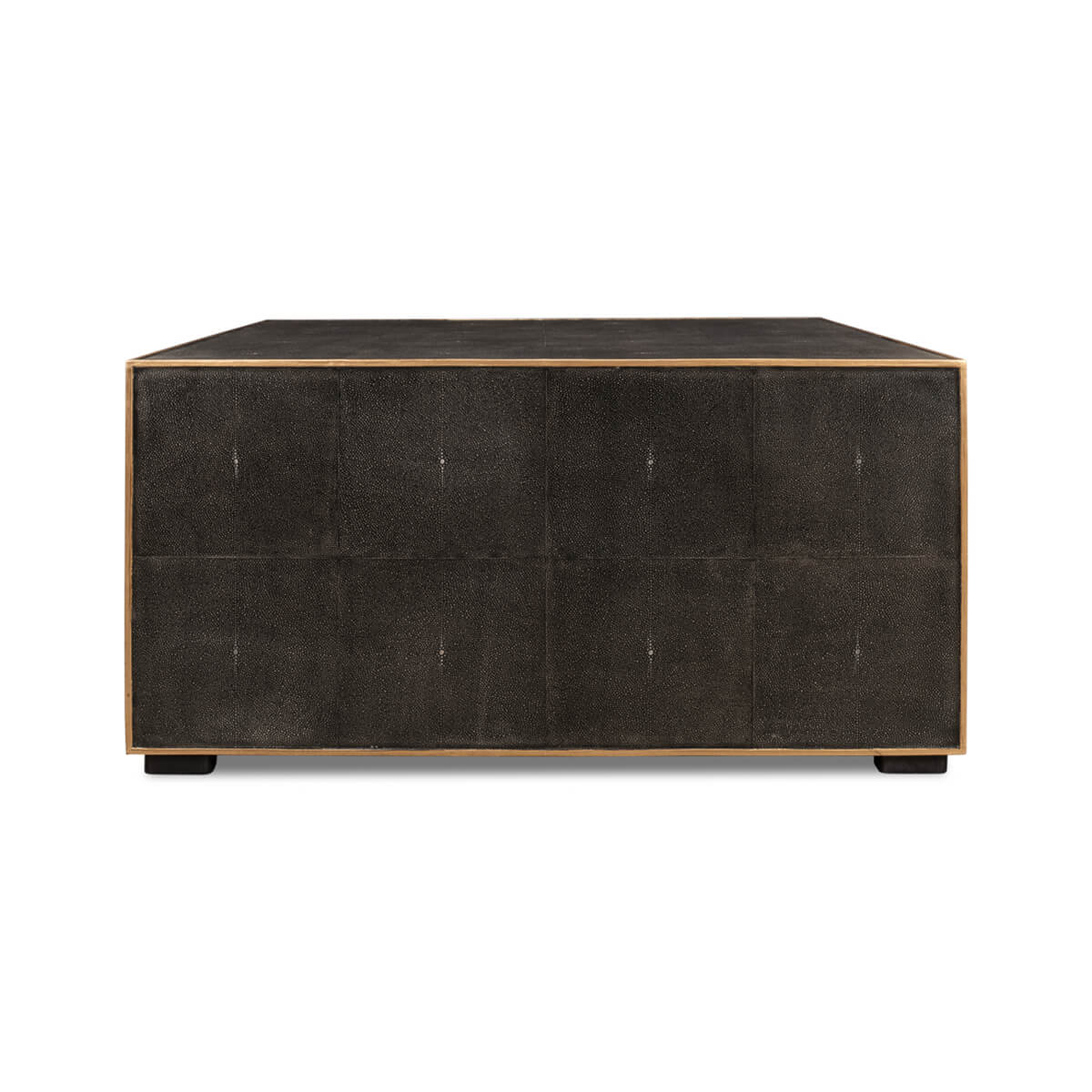Square leather coffee table, front view from below.