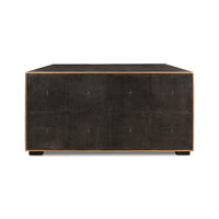 Square leather coffee table, front view from below.
