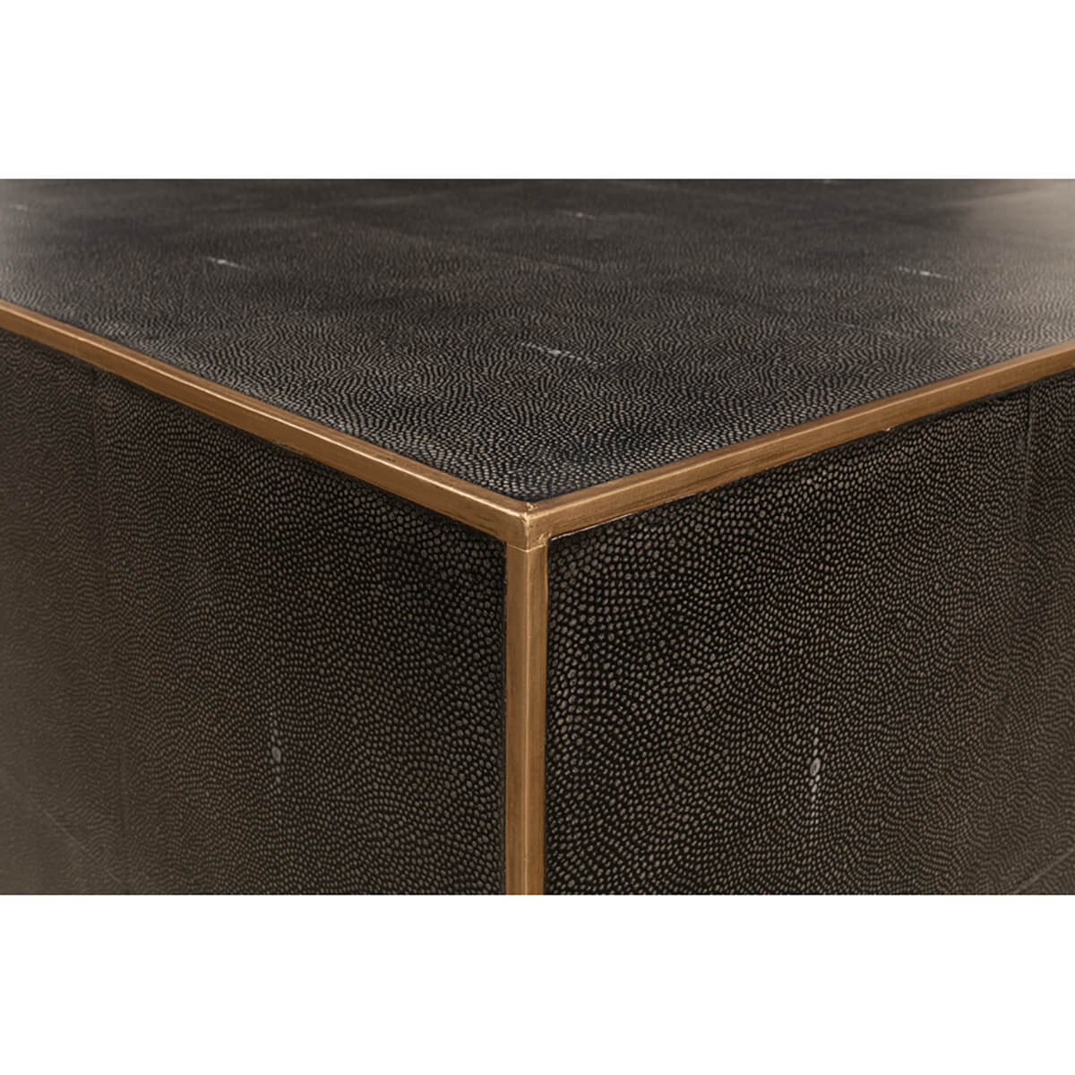 Square leather coffee table, corner detail.
