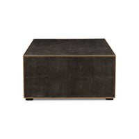 Square leather coffee table, front straight view.