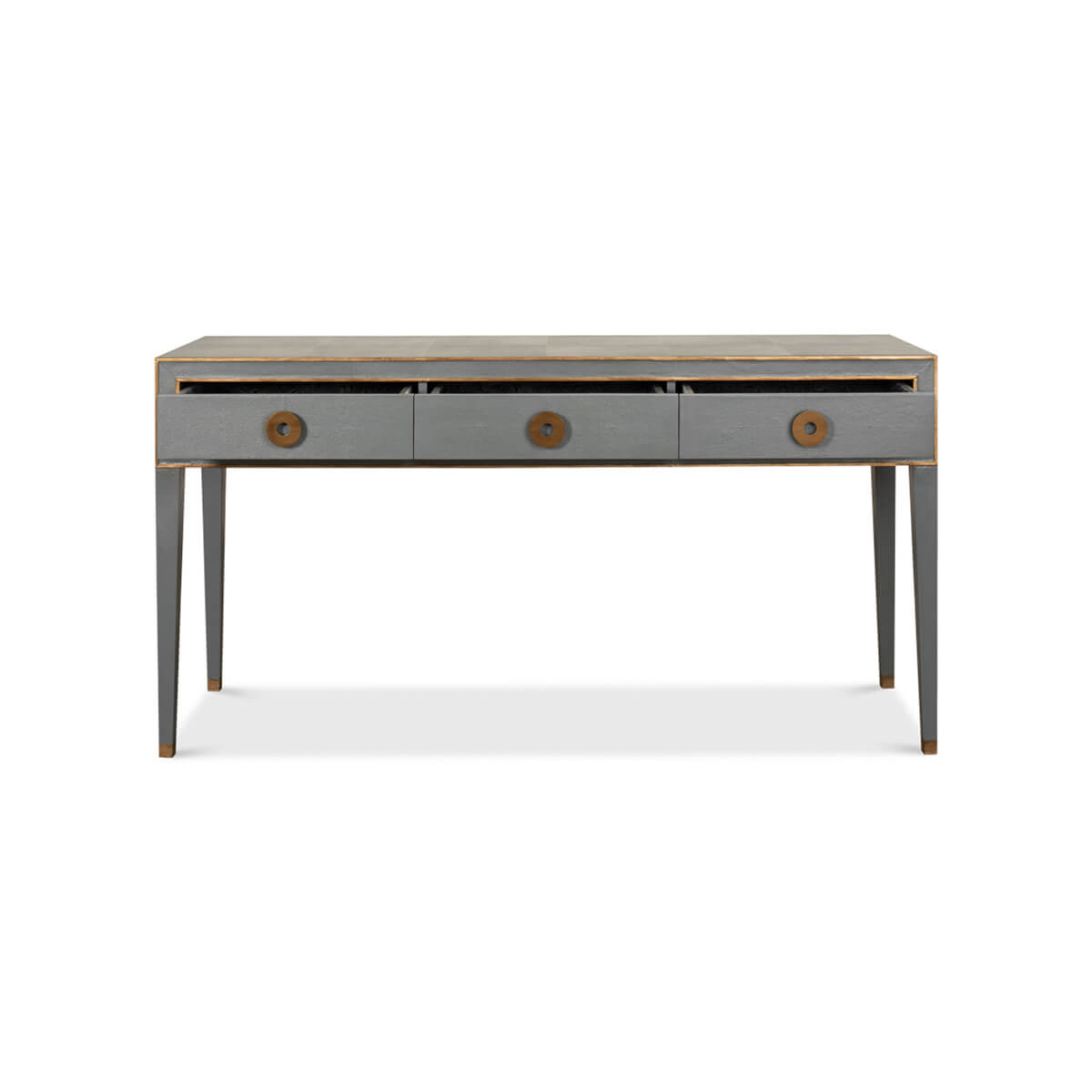 Mid-century console table with open drawers.