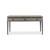 Mid-century console table with open drawers.