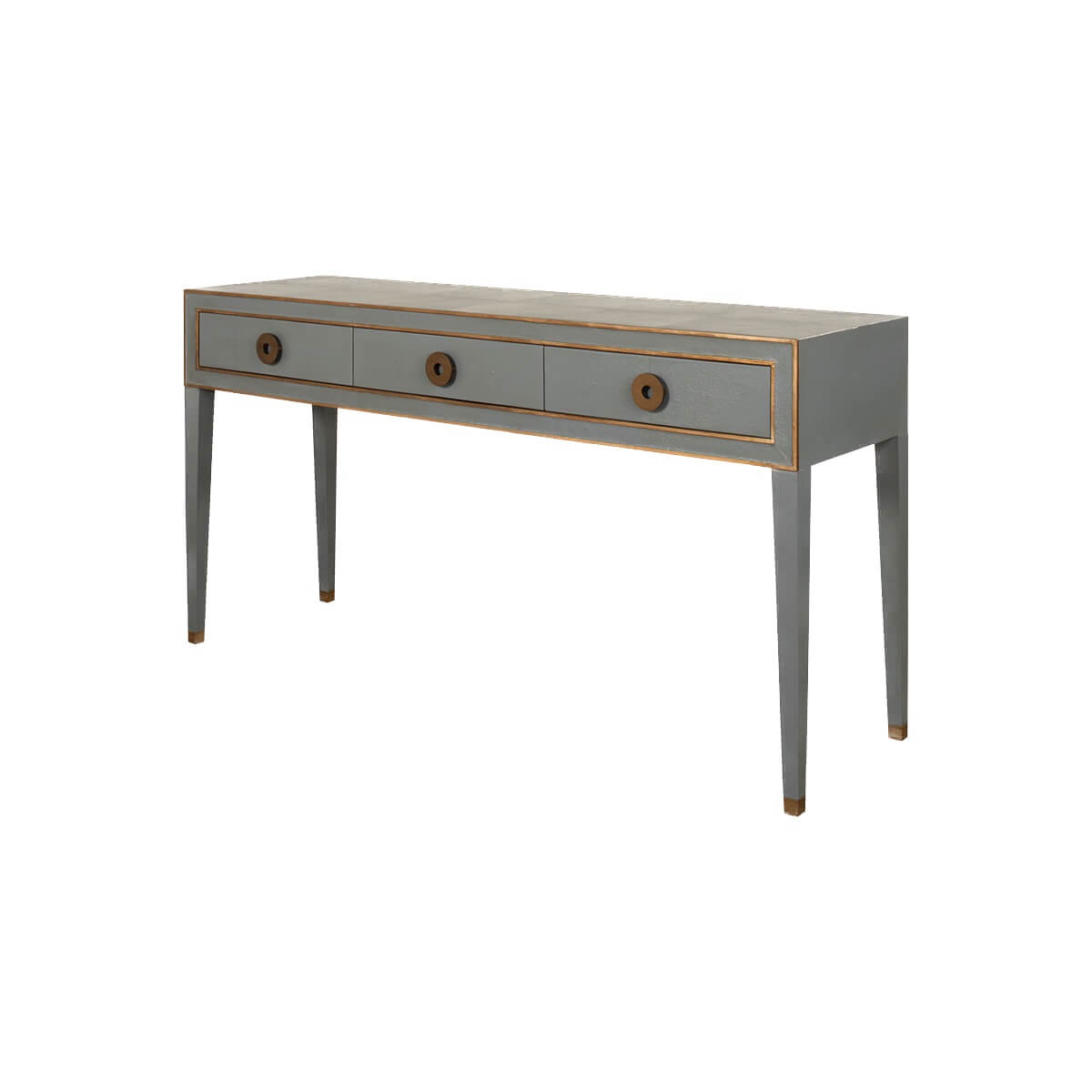 Mid-century leather-wrapped console table angled view.