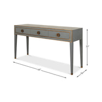 Dimensions of mid-century leather-wrapped console table.
