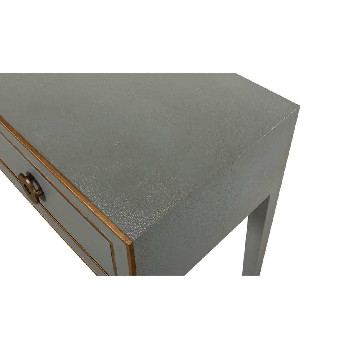 Side view of mid-century console table surface detail.