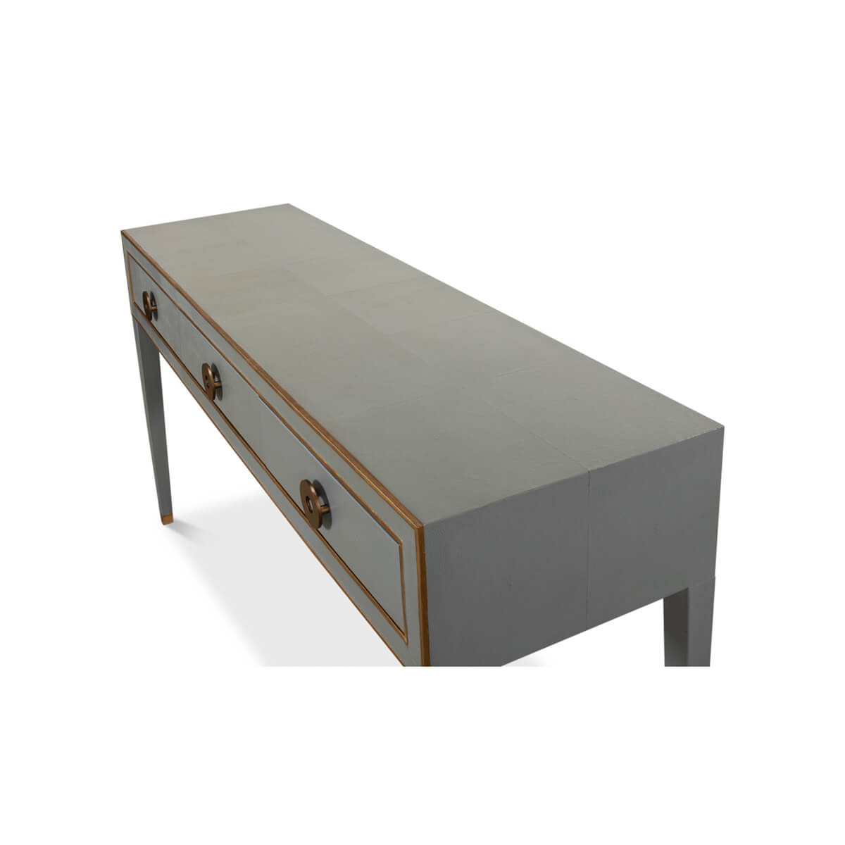 Top view of mid-century leather-wrapped console table.