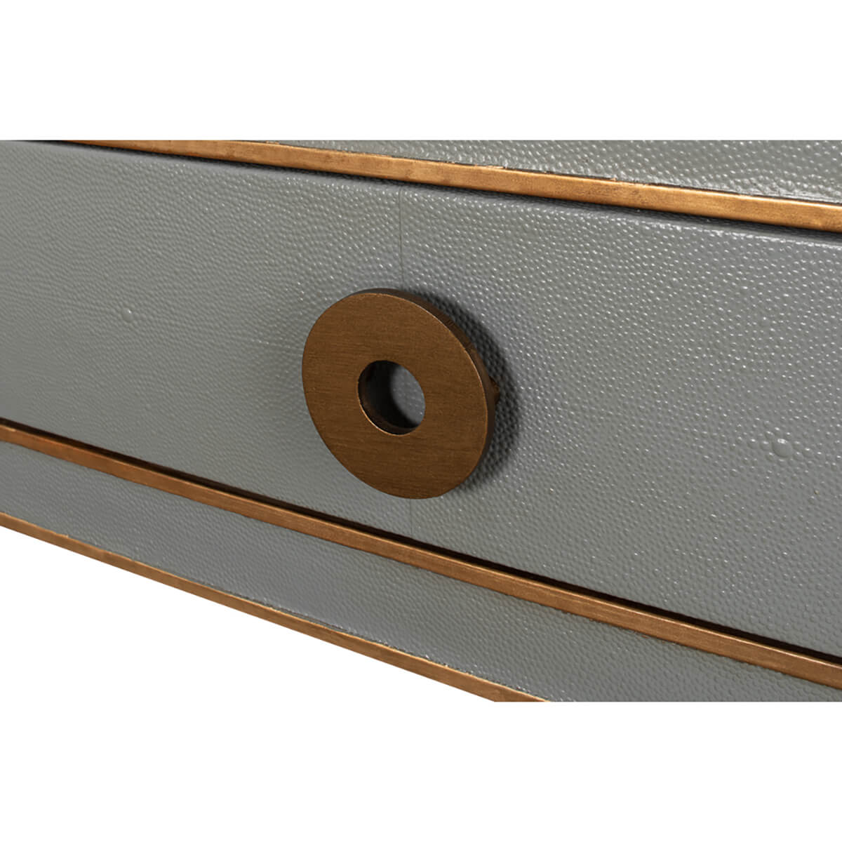 Close-up of mid-century console table drawer handle.